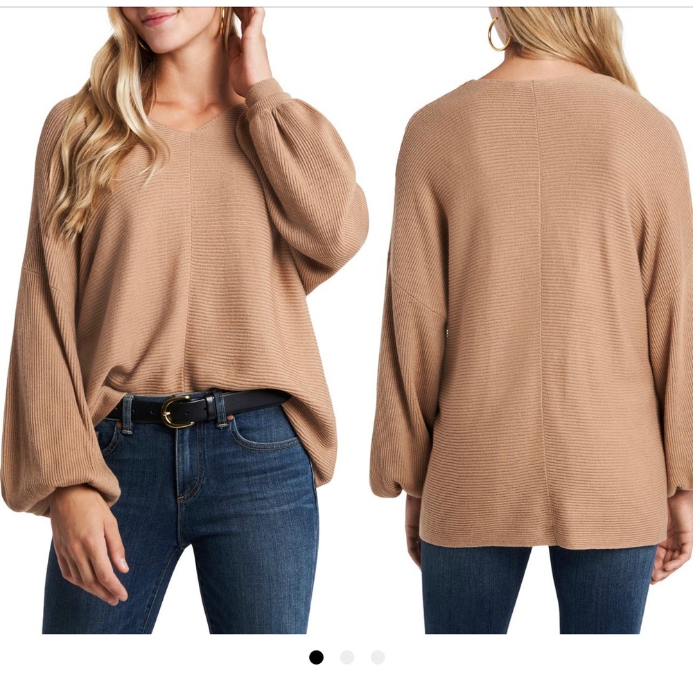1.State Ribbed Balloon Sleeve Cotton Blend Sweater